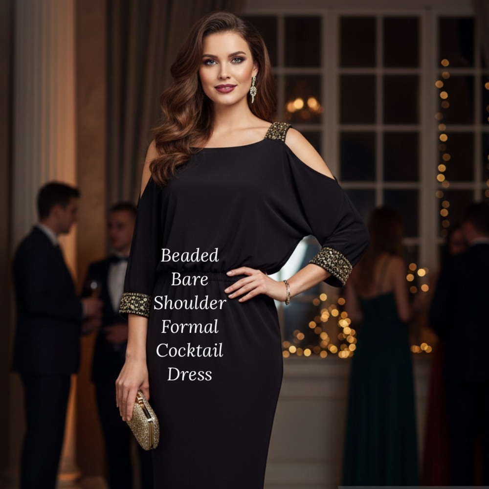 Beaded Cocktail Dress Embellished Cut Out Shoulder Formal Party Evening Dress